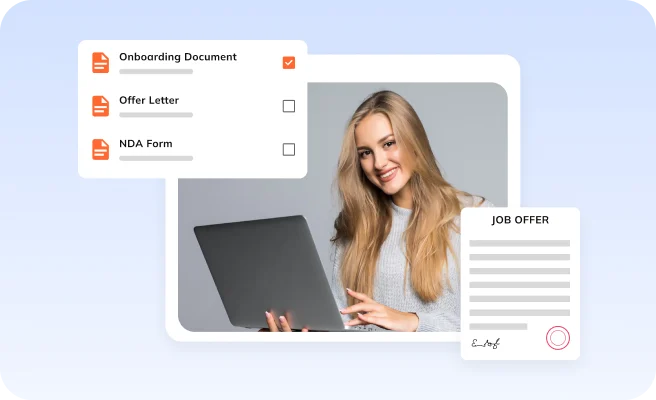 Auzmor Hire onboarding: new hire on a laptop beside an onboarding document checklist and a signed job offer