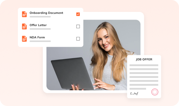 Auzmor Hire onboarding: new hire on a laptop beside an onboarding document checklist and a signed job offer