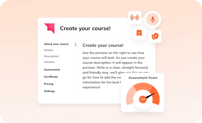 Auzmor Learn course builder with course outline, assessment score gauge and voice, bookmark and chat tools