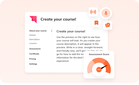 Auzmor Learn course builder with course outline, assessment score gauge and voice, bookmark and chat tools
