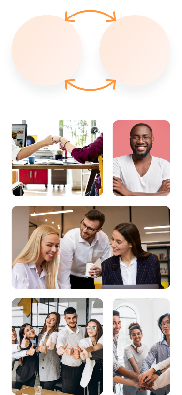 Life at Auzmor: team members collaborating at desks, celebrating together and working in the office