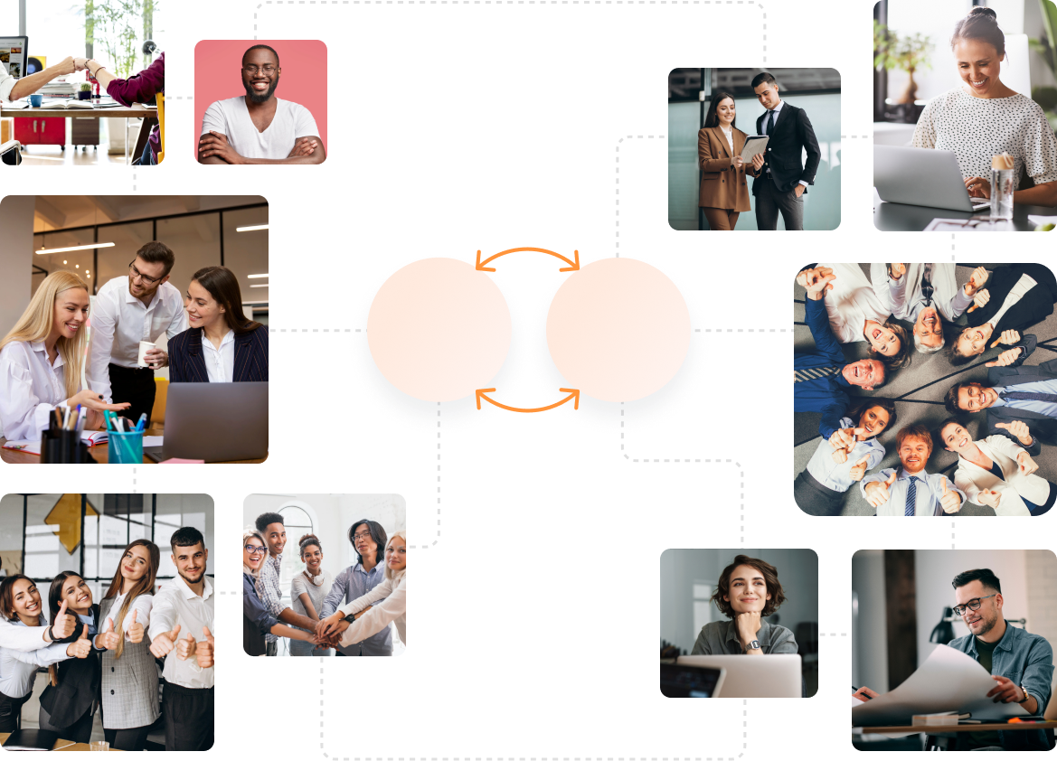 Life at Auzmor: team members collaborating at desks, celebrating together and working in the office