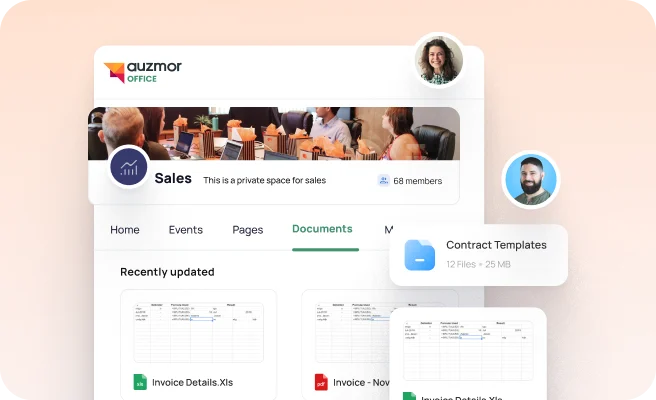Auzmor Office social intranet: Sales team space with members, documents tab, invoices and contract templates