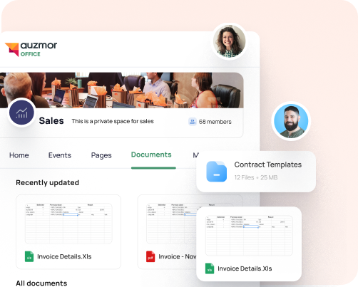 Auzmor Office social intranet: Sales team space with members, documents tab, invoices and contract templates