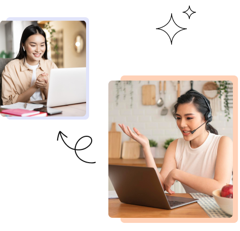 Two Auzmor team members smiling on video calls at their laptops, ready to help
