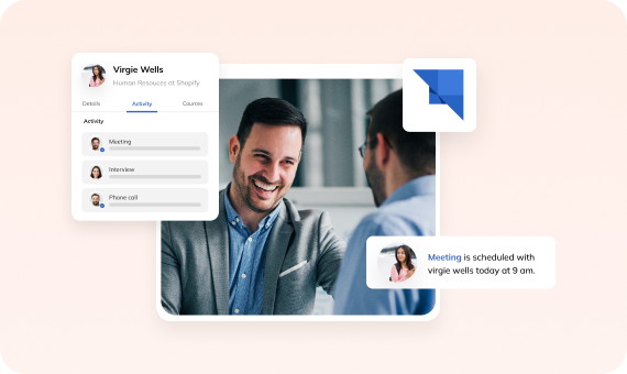 Auzmor Hire candidate activity card next to two professionals smiling in an interview, with a meeting notification