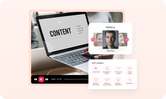 Auzmor Learn course authoring tool on a laptop with a gallery widget and an Add widgets panel