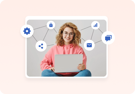 Auzmor Office social intranet: smiling employee with a laptop connected to settings, security, sharing, email, analytics and chat icons