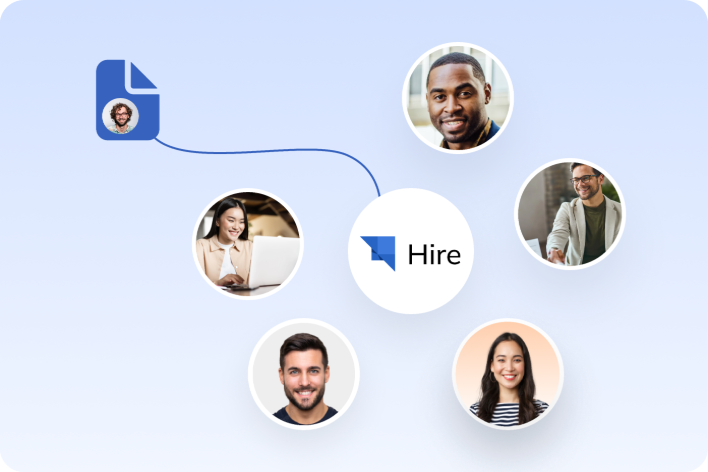 Auzmor Hire candidate management: candidate profiles connected around the Hire hub