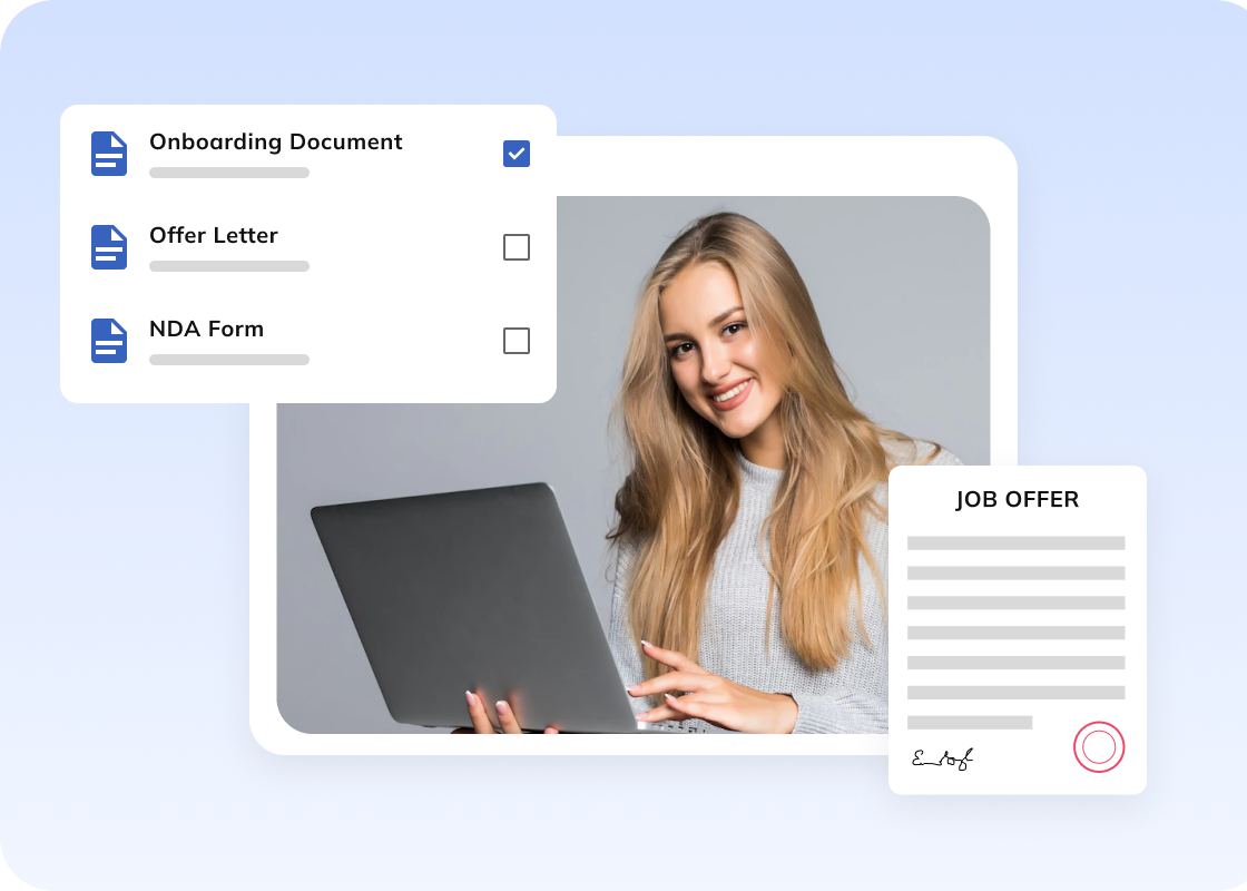 Auzmor Hire offer management: onboarding document, offer letter and NDA checklist beside a signed job offer