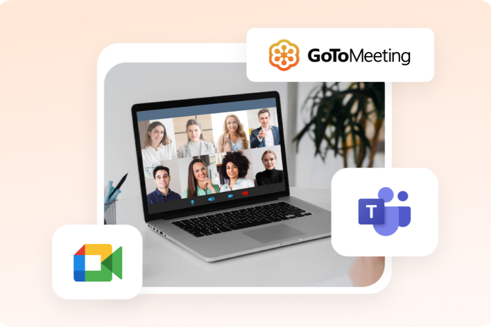 Auzmor Hire smart interviews: a video interview on a laptop with GoToMeeting, Google Meet and Microsoft Teams
