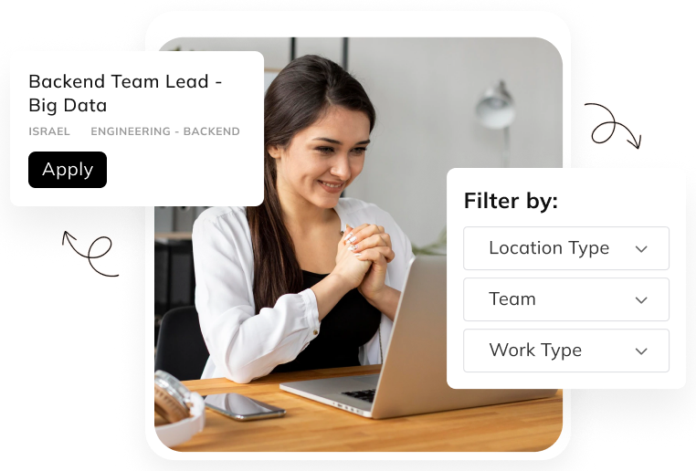 Auzmor Hire career page: a candidate applying to a Backend Team Lead job, with location, team and work type filters