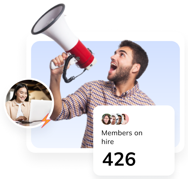 Auzmor Hire employee referrals: a recruiter with a megaphone and a card showing 426 members on Hire
