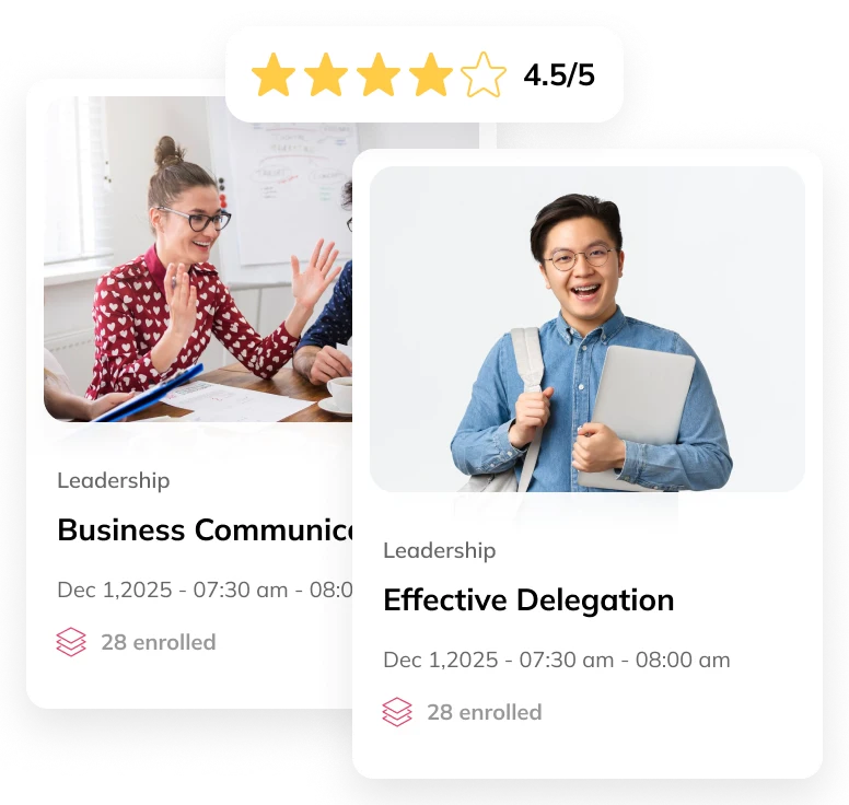 Leadership course cards for Business Communication and Effective Delegation with a 4.5 out of 5 star rating