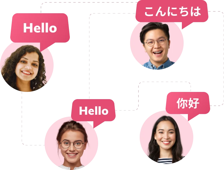 Four learners greeting each other in different languages: Hello, こんにちは (Japanese) and 你好 (Chinese)