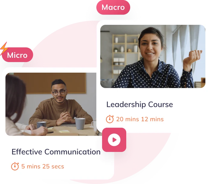 Two course cards: a 5-minute micro course, Effective Communication, and a 20-minute macro course, Leadership Course