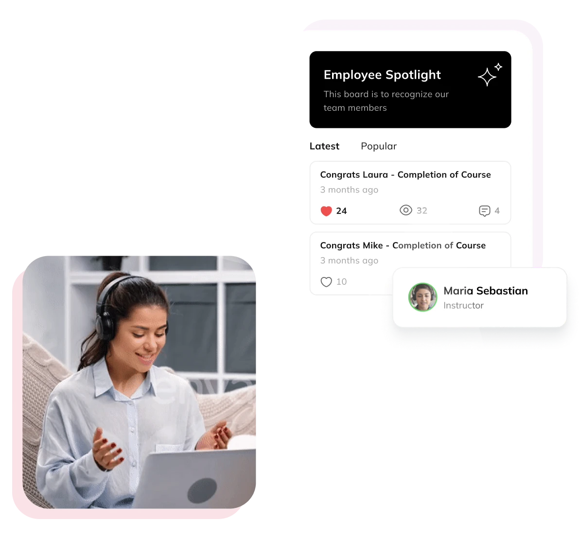 Auzmor Learn employee spotlight board showing course-completion posts, next to a learner in headphones smiling at her laptop