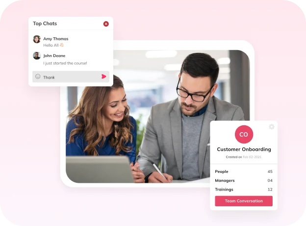 Two colleagues working together on a laptop, with Top Chats messages and a Customer Onboarding team card