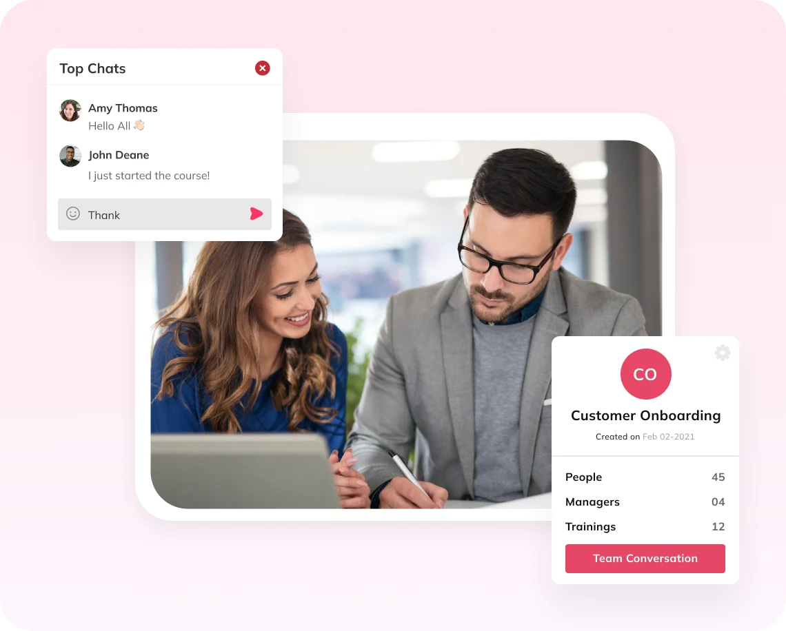 Two colleagues working together on a laptop, with Top Chats messages and a Customer Onboarding team card