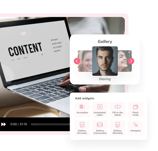 Auzmor Learn authoring tool: a course editor on a laptop with a Gallery widget and an Add widgets panel for accordions, annotated video, flash cards and hotspots