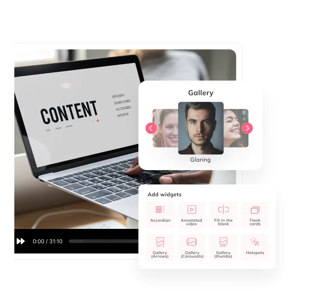Auzmor Learn authoring tool: a course editor on a laptop with a Gallery widget and an Add widgets panel for accordions, annotated video, flash cards and hotspots