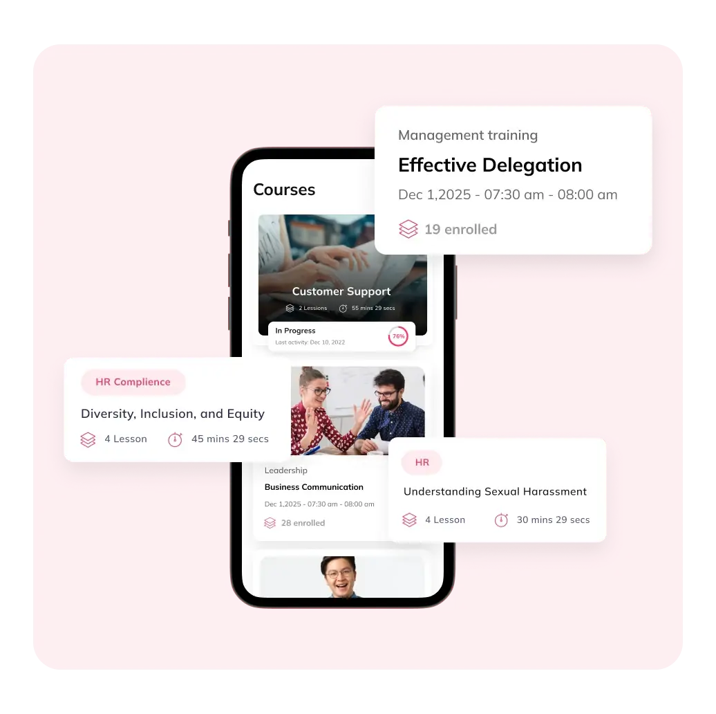 Auzmor Learn content library on a phone with course cards for Effective Delegation, Diversity, Inclusion and Equity, and Understanding Sexual Harassment