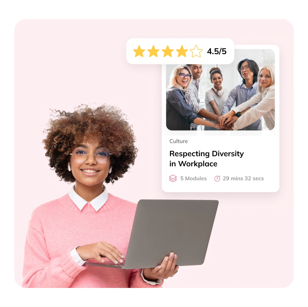 Smiling learner holding a laptop next to a quick course card, Respecting Diversity in Workplace, rated 4.5 out of 5