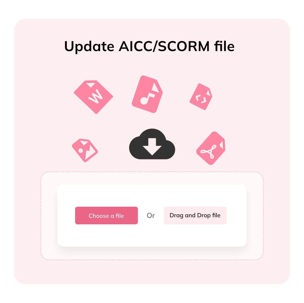 Update AICC/SCORM file panel with a Choose a file button and a drag-and-drop upload area