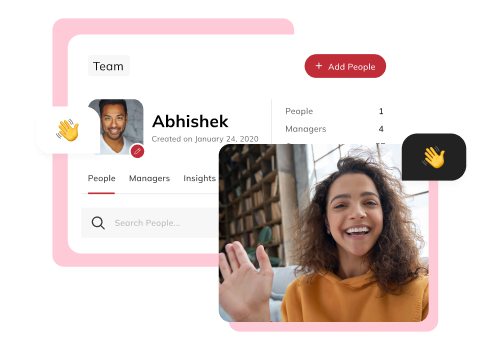 Team page in Auzmor Learn with an Add People button and member profile, beside a smiling employee waving on a video call