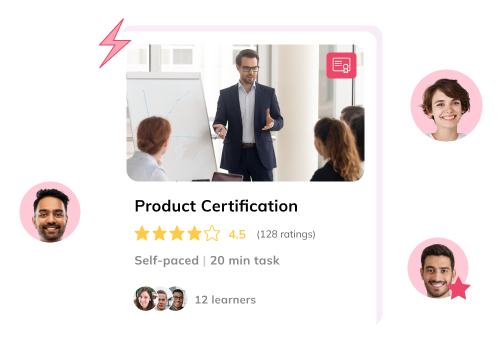Product Certification course card rated 4.5 with 12 learners, surrounded by partner and customer profile photos