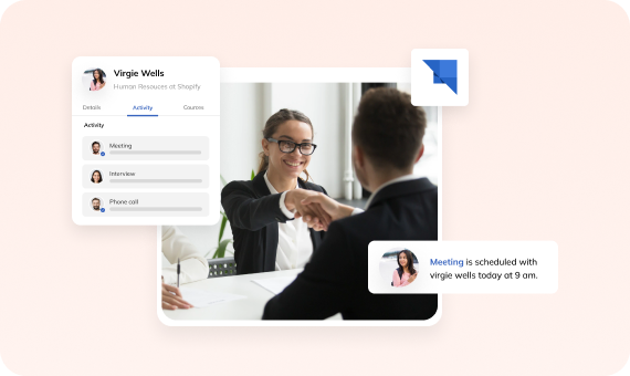 Auzmor Hire candidate activity card next to a recruiter shaking hands with a candidate, with a meeting notification