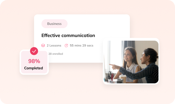 Auzmor Learn course card "Effective communication" showing 98% completed, next to a team discussing at a laptop