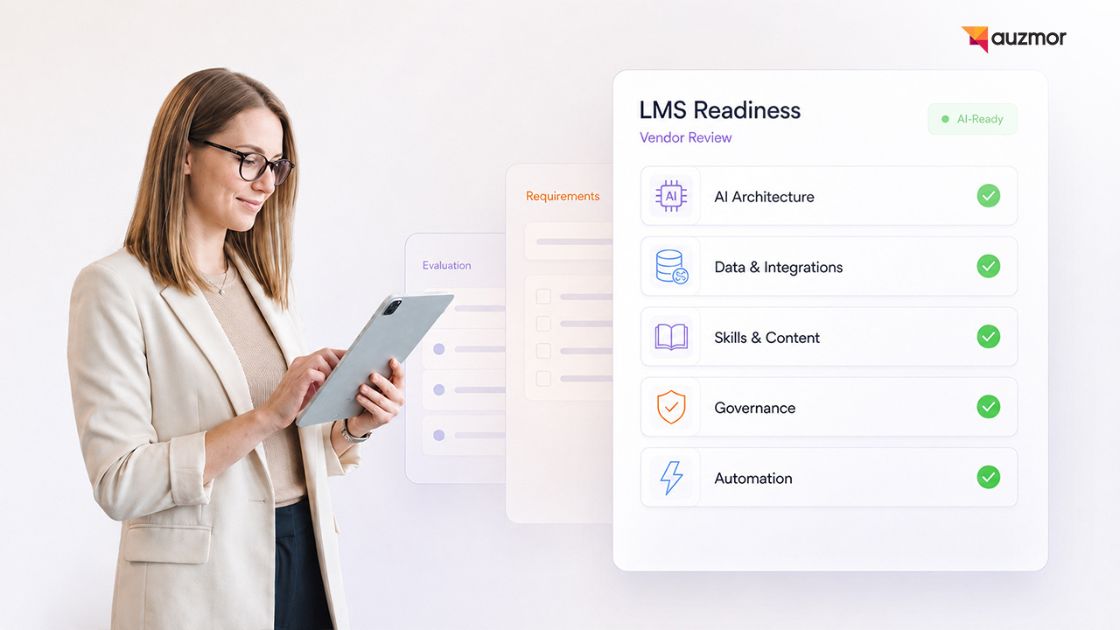 Professional holding a tablet beside an LMS readiness checklist covering AI architecture, data, skills, governance and automation