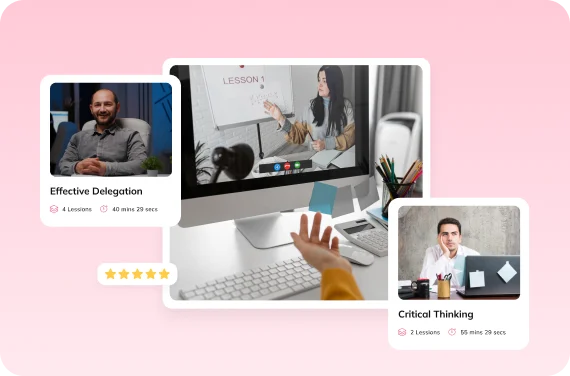 Auzmor LXP course library: Effective Delegation and Critical Thinking courses beside a video lesson