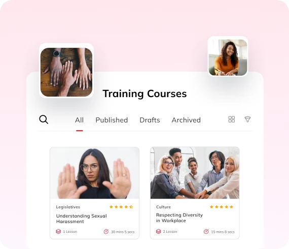 Auzmor Learn training course library with built-in compliance courses such as sexual harassment prevention