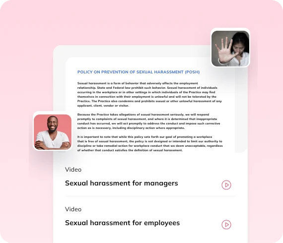 Auzmor Learn course on sexual harassment prevention policy with video lessons for managers and employees