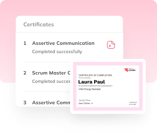 Auzmor Learn certificates list with a certificate of completion for tracked employee certifications