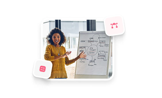 Instructional designer presenting a storyboard on a whiteboard during custom content planning