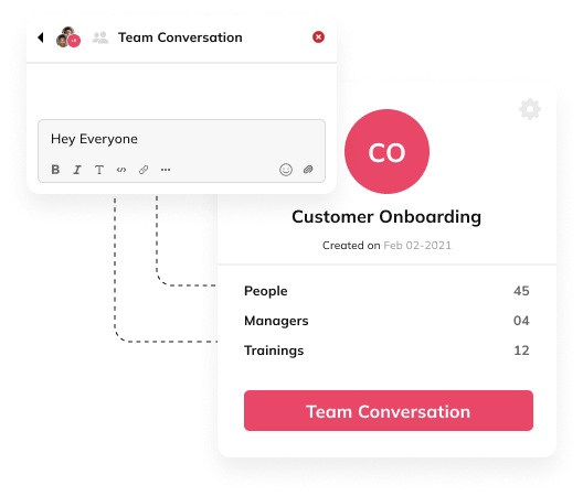 Auzmor Learn team conversation chat for a Customer Onboarding group of people, managers and trainings