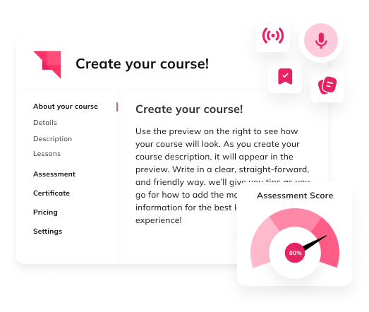 Auzmor Learn built-in authoring tool on the Create your course screen with an assessment score gauge