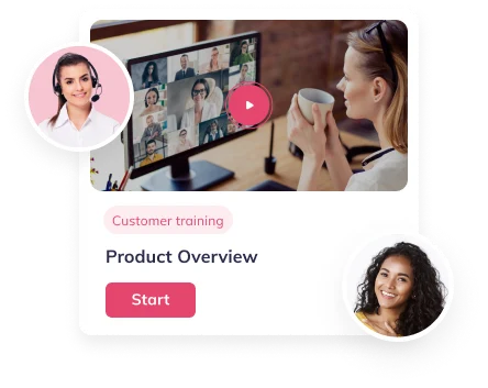 Customer training course card for a product overview beside a live video session, delivering training at scale