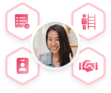 Smiling customer surrounded by onboarding icons for checklists, progress, profile and partnership