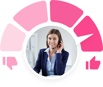 Support agent with a headset inside a satisfaction gauge, illustrating reduced customer support costs