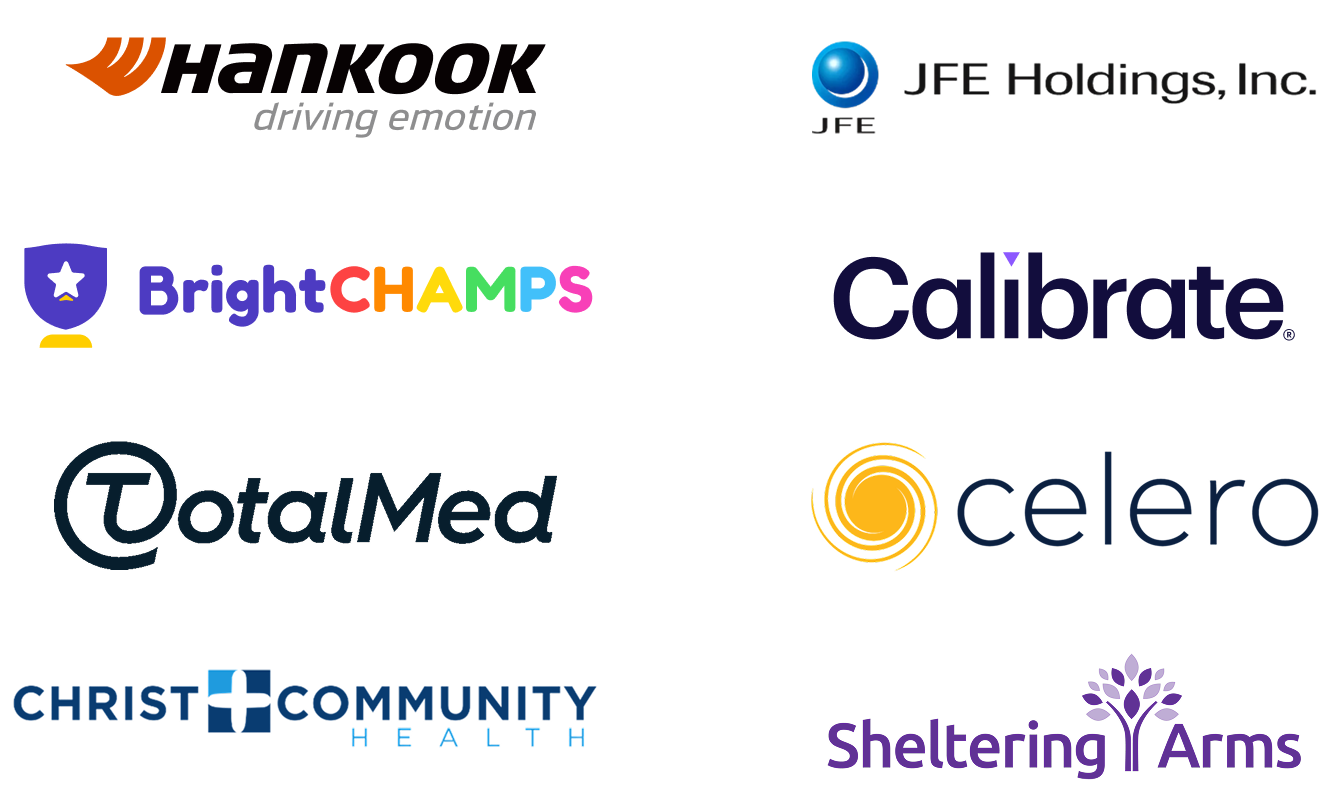 Logos of Auzmor clients: Hankook, JFE Holdings, BrightCHAMPS, Calibrate, TotalMed, Celero, Christ Community Health and Sheltering Arms