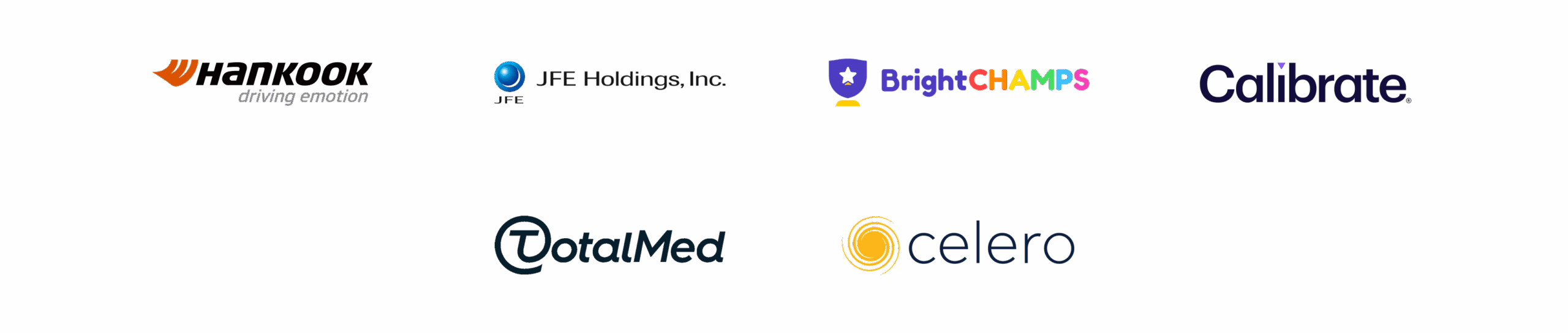 Client logos including Hankook, JFE Holdings, BrightChamps, Calibrate, TotalMed and Celero