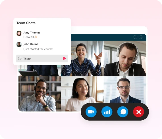 Team chat recommending a course alongside a video call of colleagues learning together