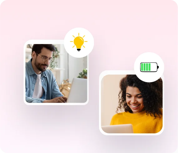 Mentor coaching an employee remotely, with idea and full-energy icons