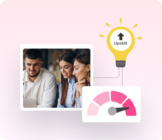 Employees learning together next to an upskill light bulb and rising progress gauge