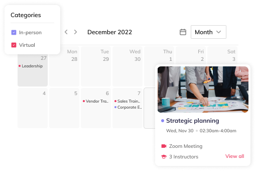 Auzmor Learn events calendar with in-person and virtual trainings and a Strategic planning session