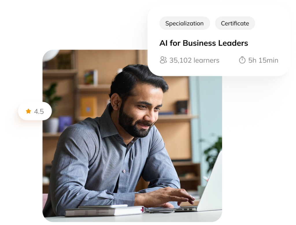 Professional learning on a laptop next to an AI for Business Leaders course card from the training marketplace